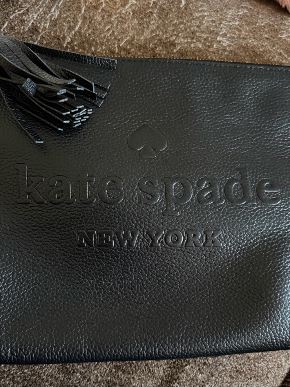 kate spade Black Embossed Leather Zip Clutch with Tassel